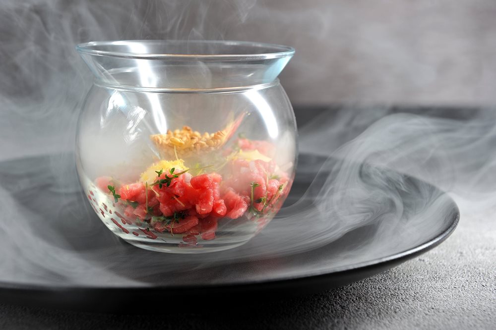 Freshly Smoked Veal Tartare, yuzu, mustard, watercress, rice 